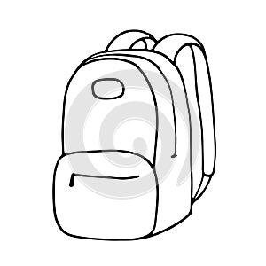 Outline image of a backpack. Hand drawn doodle illustration, black image on white background