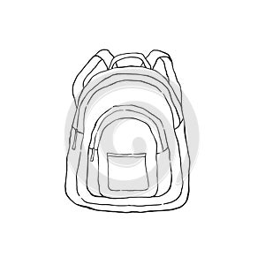 Outline image of a backpack on a white background. black and white line drawing. school accessory.