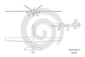 Outline image of military drone. Top, front and side view. Army aircraft for intelligence and attack