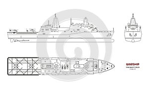 Outline image of military ship. Top, front and side view. Battleship. Industrial isolated drawing of boat. Warship USS