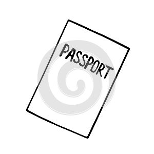 Outline image of a passport. Hand drawn doodle illustration, black image on white background