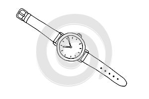 Outline image of a whatch. Hand drawn doodle illustration, black image on white background