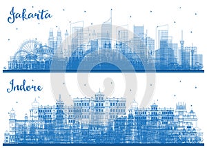 Outline Indore India and Jakarta Indonesia City Skyline set with Blue Buildings. Cityscape with Landmarks