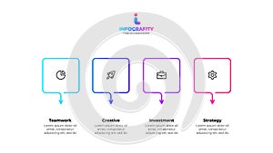 Outline infographic design template. Progress diagram with 4 square elements. Concept of startup development four steps