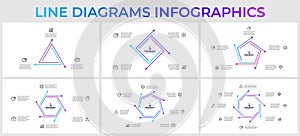 Outline infographic diagrams set with 3, 4, 5, 6, 7 and 8 options, steps or processes