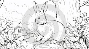 Outline an inquisitive rabbit with twitching nose and upright ears