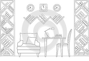 Outline interior room learning in flat style. Vector. Library.