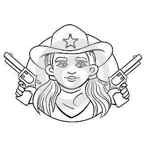 Vector round illustration with young girl in sheriff hat and two revolvers in her hands.