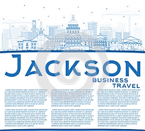 Outline Jackson Mississippi City Skyline with Blue Buildings and Copy Space