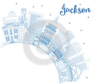 Outline Jackson Mississippi City Skyline with Blue Buildings and Copy Space