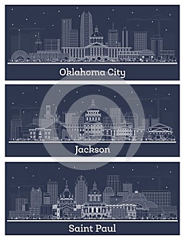 Outline Jackson Mississippi, Saint Paul Minnesota and Oklahoma City USA city skyline set with white buildings. Business travel and