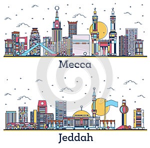 Outline Jeddah and Mecca Saudi Arabia City Skyline Set