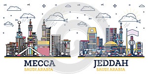 Outline Jeddah and Mecca Saudi Arabia city skyline set with colored modern and historic buildings isolated on white. Cityscape