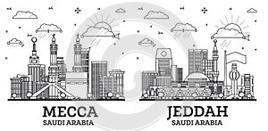 Outline Jeddah and Mecca Saudi Arabia city skyline set with modern and historic buildings isolated on white. Cityscape with