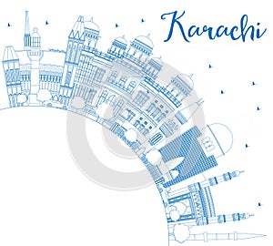 Outline Karachi Skyline with Blue Landmarks and Copy Space.