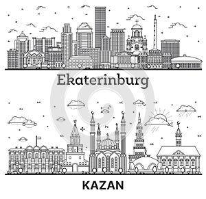Outline Kazan and Yekaterinburg Russia City Skyline set with Modern Buildings Isolated on White. Cityscape with Landmarks