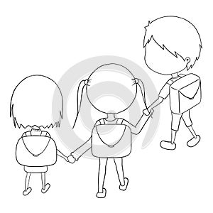 Outline of kids with school bag are holding their hands. Concepts of welcome the semester.