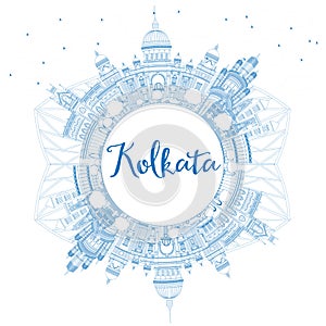 Outline Kolkata Skyline with Blue Landmarks and Copy Space.