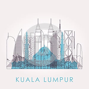 Outline Kuala Lumpur skyline with landmarks.