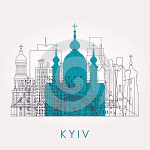 Outline Kyiv skyline with landmarks.
