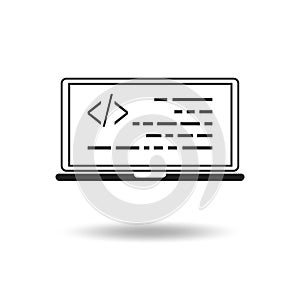 Outline laptop black icon with code on the screen on white background.