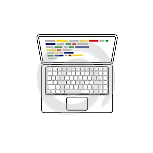 Outline laptop black icon with code on the screen on white background.