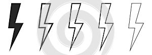 Outline lightning icons. Isolated power symbol on white background. Thunder bolt sign in black color. Energy icon set. Charge