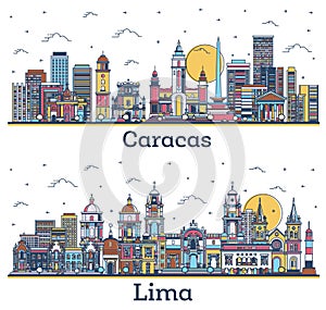 Outline Lima Peru and Caracas Venezuela City Skyline Set with Colored Historic Buildings Isolated on White