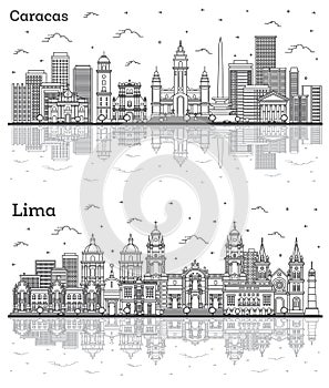 Outline Lima Peru and Caracas Venezuela City Skyline Set with Modern and Historic Buildings Isolated on White