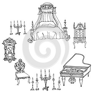 Outline in lines on a white background antique furniture - bed,
