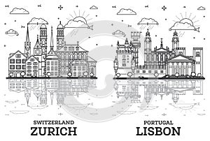 Outline Lisbon Portugal and Zurich Switzerland City Skyline set with Historic Buildings and reflections Isolated on White.