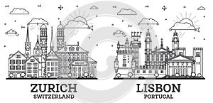 Outline Lisbon Portugal and Zurich Switzerland City Skyline set with Modern and Historic Buildings Isolated on White. Cityscape