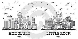 Outline Little Rock Arkansas and Honolulu Hawaii USA City Skyline Set