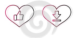 `outline love icon.Button layout,heart icon, vector, thumbs up and download graphic design in the concept of love.Social media lov