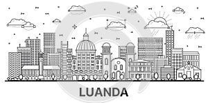 Outline Luanda Angola city skyline with modern and historic buildings isolated on white. Luanda cityscape with landmarks