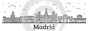 Outline Madrid Spain City Skyline with Historic Buildings Isolated on White.