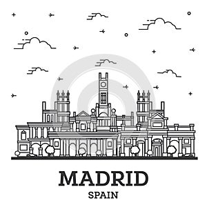 Outline Madrid Spain City Skyline with Historic Buildings Isolated on White