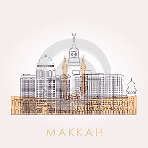 Outline Makkah skyline with landmarks.