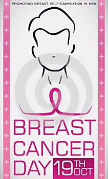 Outline Man Design with Pink Ribbon for Breast Cancer Day, Vector Illustration