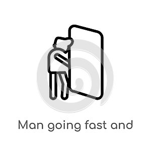 outline man going fast and with force against a door vector icon. isolated black simple line element illustration from people