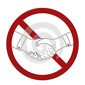 Outline man shaking hands in prohibition sign. Line art businessman in rivalry. War and confrontation. Ban on making a deal.