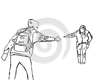 Outline man and woman stretch hands each other