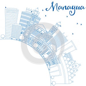 Outline Managua Skyline with Blue Buildings and Copy Space.