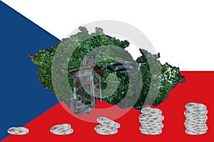 Outline map of the Czech Republic with the image of the national flag. Power line inside the map. Stacks of euro coins. Collage.