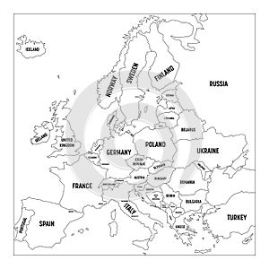 Outline map of Europe. Simplified wireframe map of black lined borders. Vector illustration