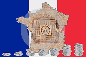 Outline map of France with the image of the national flag. Hatch for the water system inside the map. Stacks of Euro coins.