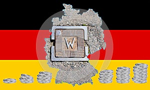 Outline map of Germany with the image of the national flag. Hatch for the water system inside the map. Stacks of Euro coins.
