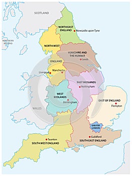 Outline map of the nine regions of England photo