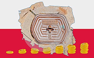 Outline map of Poland with the image of the national flag. Hatch for the water system inside the map. Stacks of Euro coins.