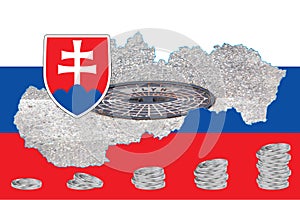 Obrysová mapa Slovenska s vyobrazením štátnej vlajky. Kryt prielezu plynovodného systému vo vnútri mapy. Koláž.